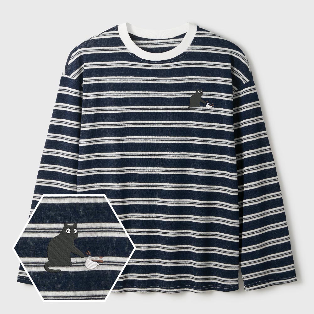 Playful Cat Lycra Striped Embroidered Long-Sleeve Shirts