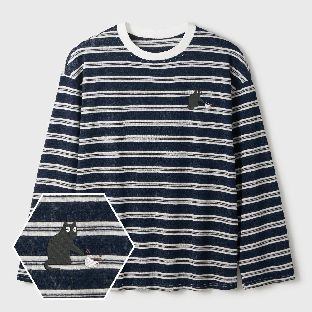 Playful Cat Lycra Striped Embroidered Long-Sleeve Shirts