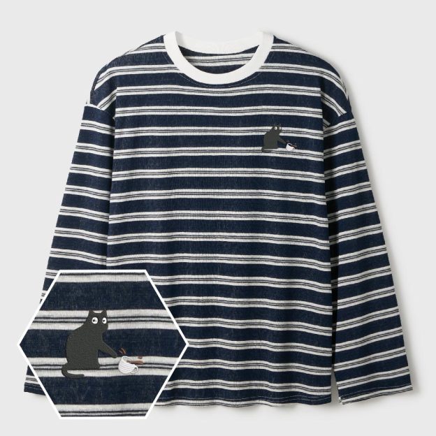Playful Cat Lycra Striped Embroidered Long-Sleeve Shirts