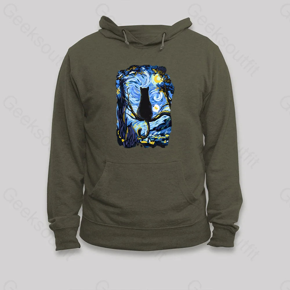 Cat Starry Night Hoodie Army Green / S