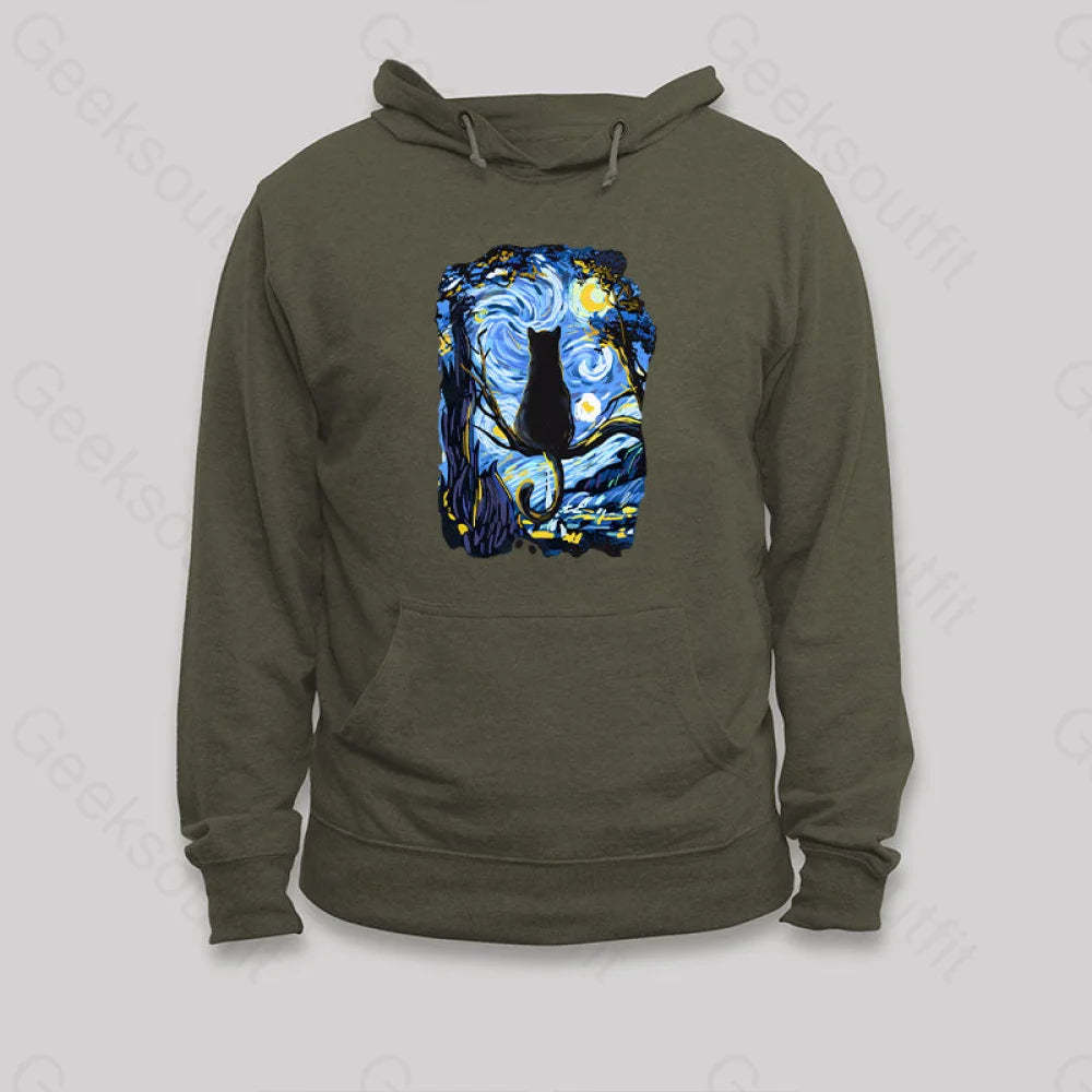Cat Starry Night Hoodie Army Green / S