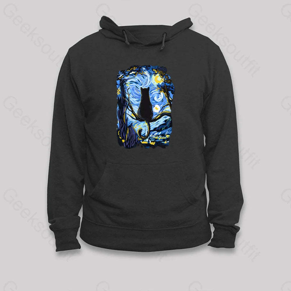Cat Starry Night Hoodie Black / S