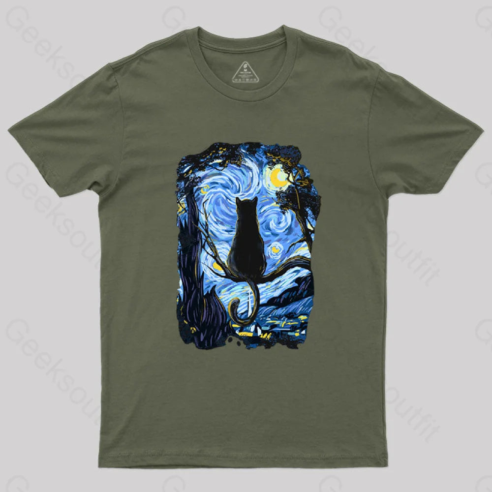 Cat Starry Night T-Shirt Army Green / S