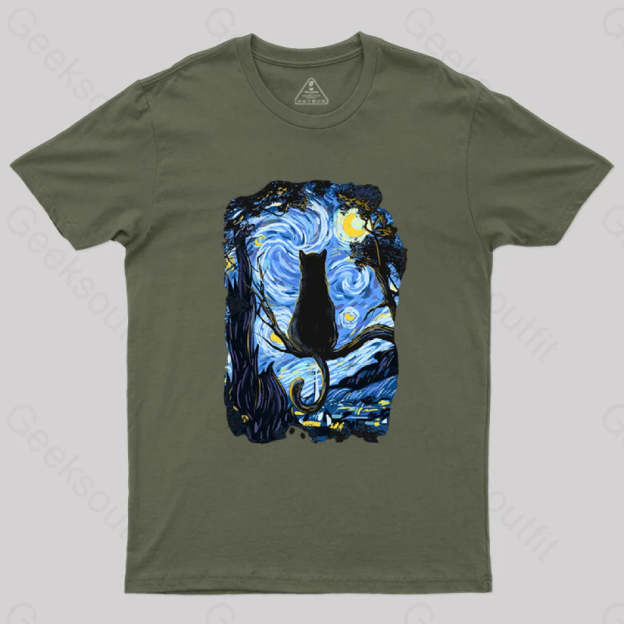 Cat Starry Night T-Shirt Army Green / S