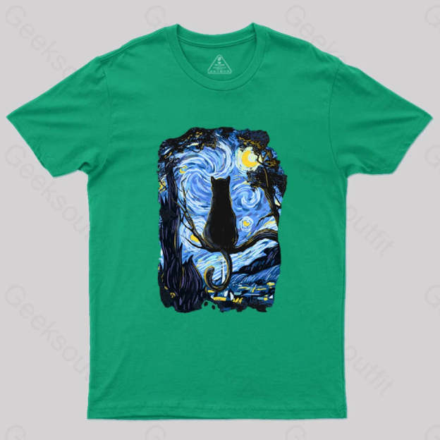 Cat Starry Night T-Shirt Green / S