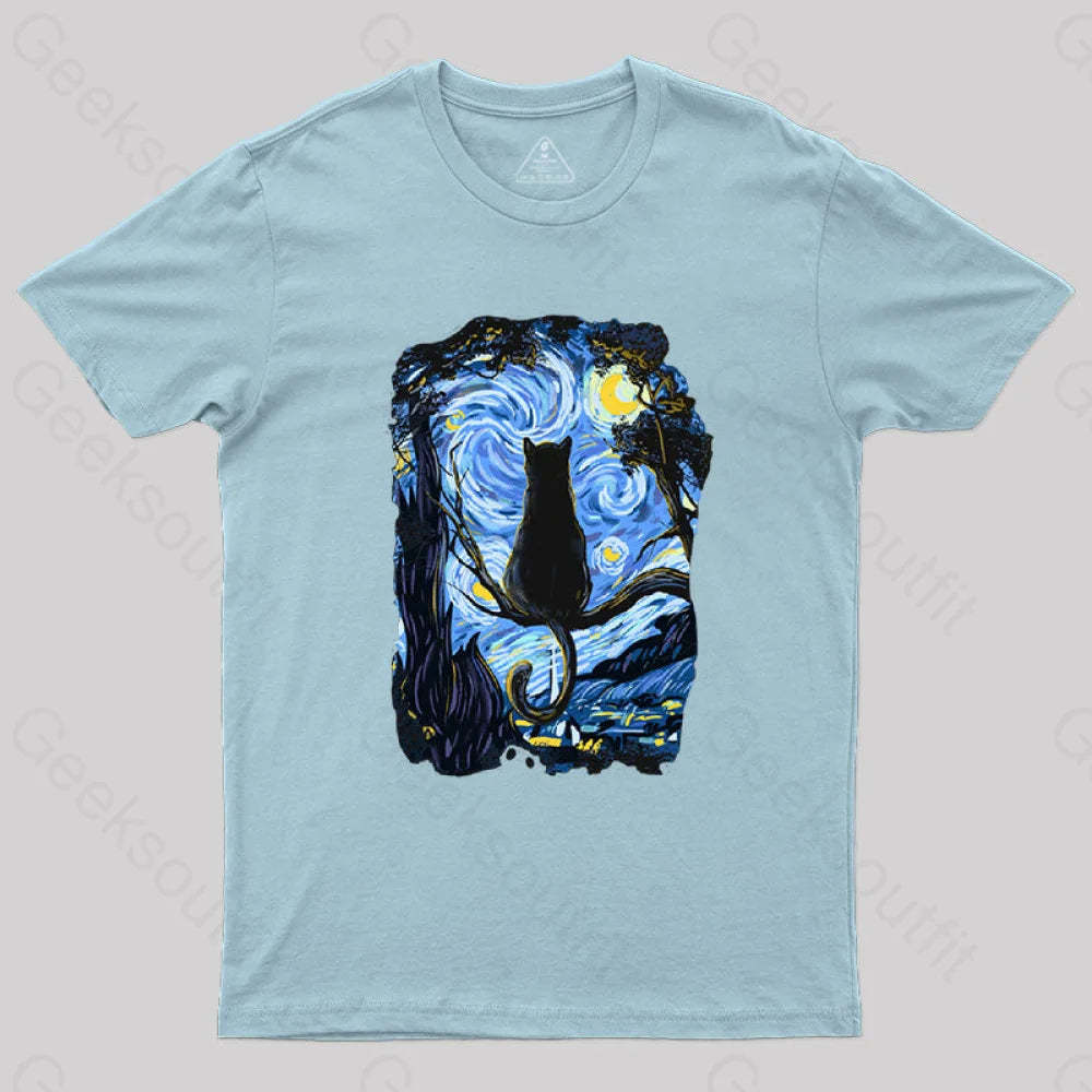 Cat Starry Night T-Shirt Light Blue / S