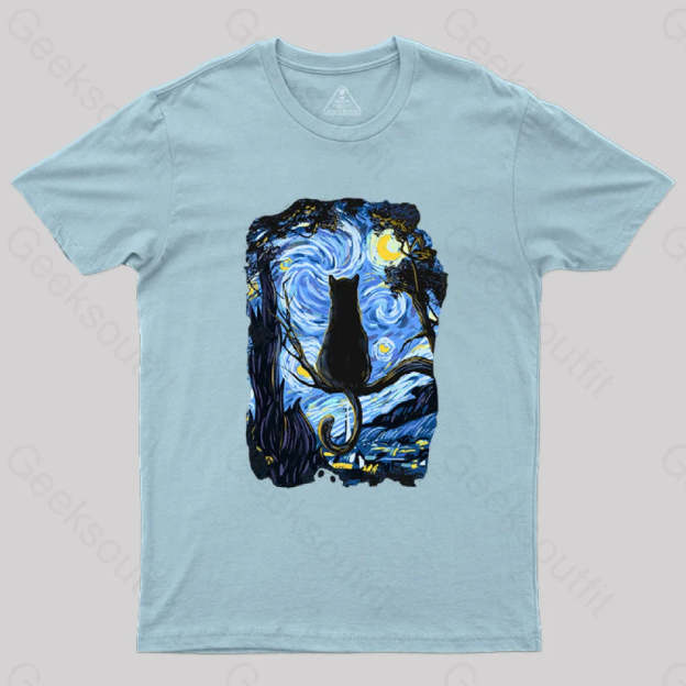 Cat Starry Night T-Shirt Light Blue / S