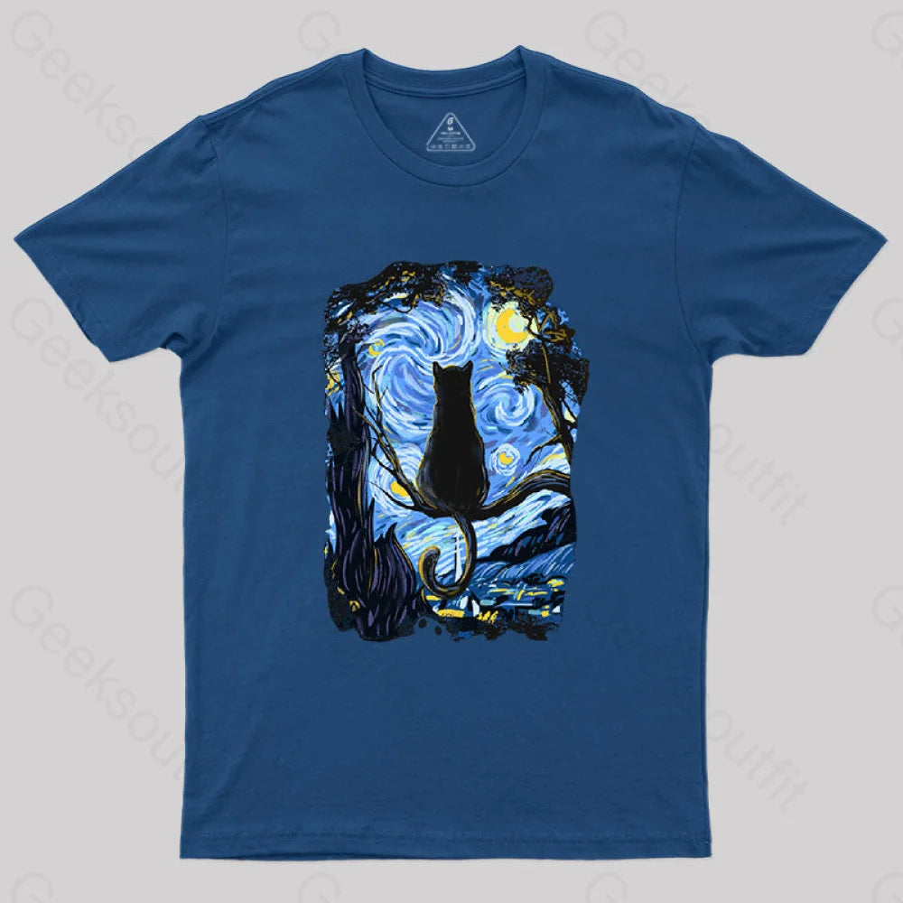 Cat Starry Night T-Shirt Navy / S