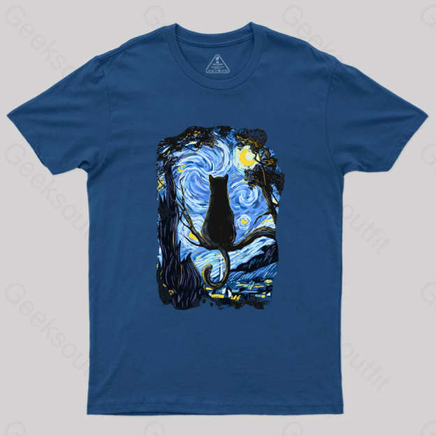 Cat Starry Night T-Shirt Navy / S