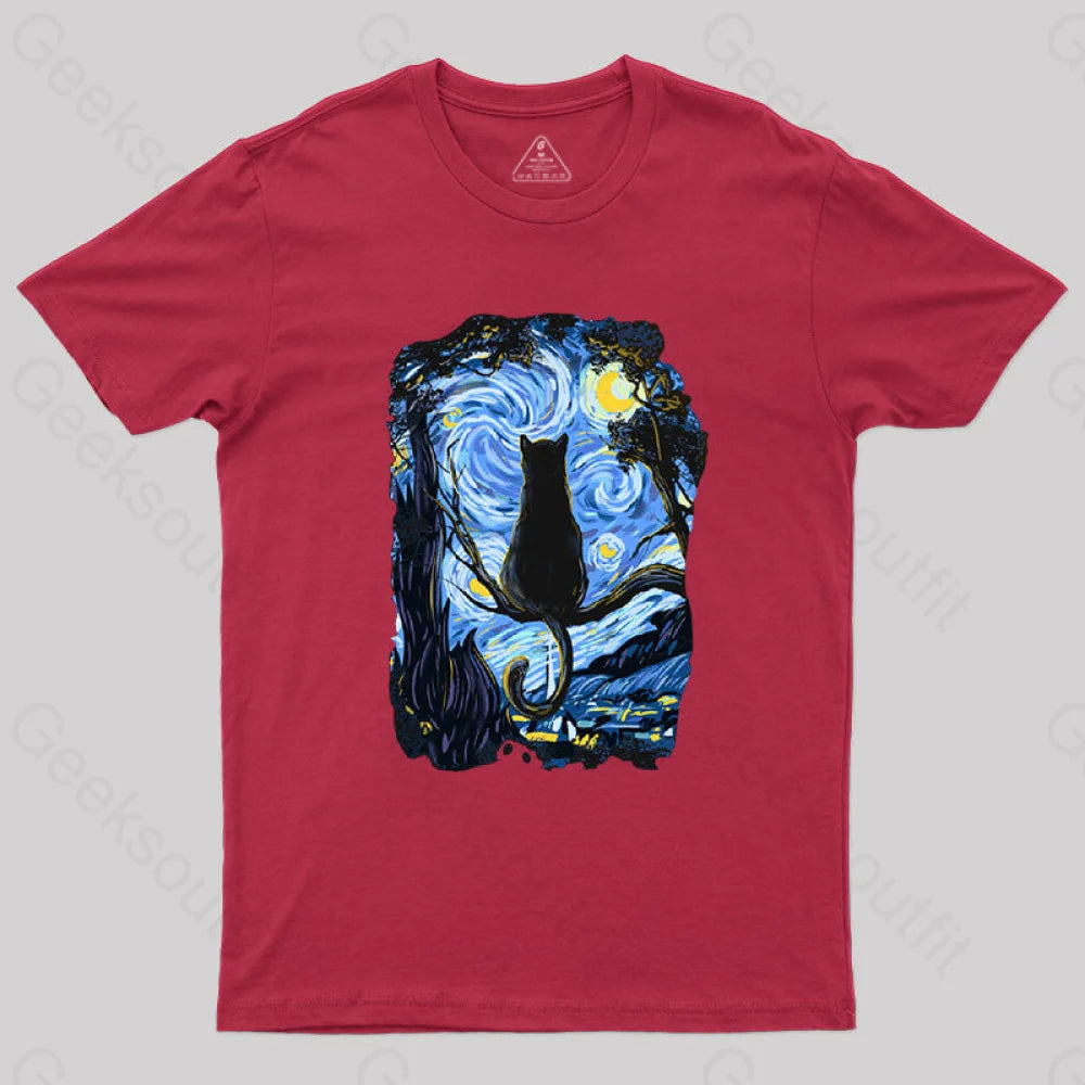 Cat Starry Night T-Shirt Red / S