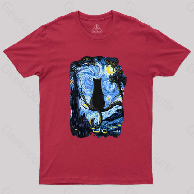 Cat Starry Night T-Shirt Red / S
