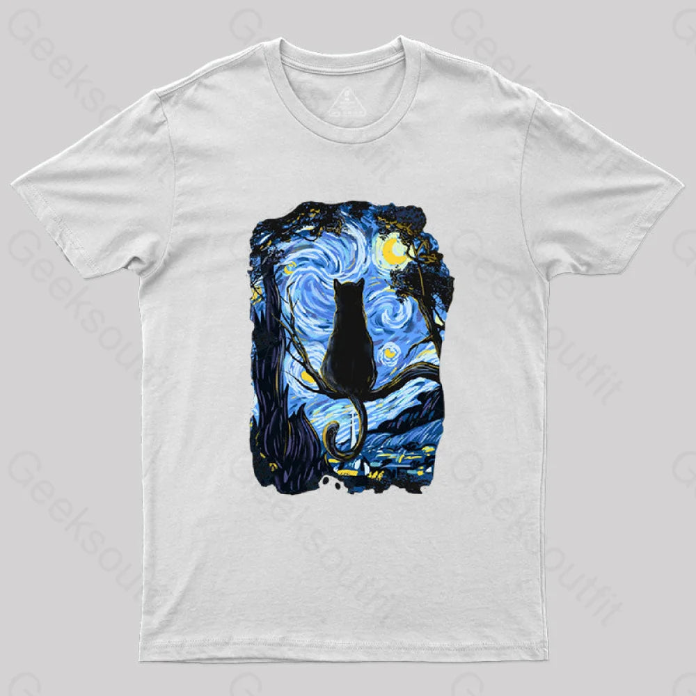 Cat Starry Night T-Shirt White / S