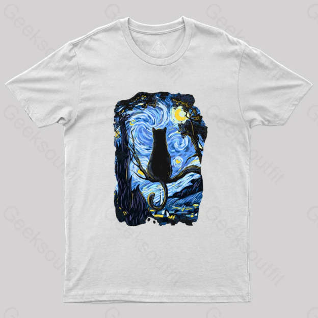 Cat Starry Night T-Shirt White / S