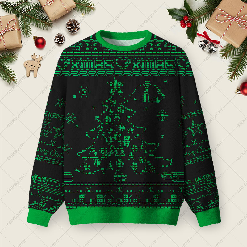 Geeksoutfit Ascii Tree Ugly Christmas Fuzzy Fleece Sweatshirt for Sale