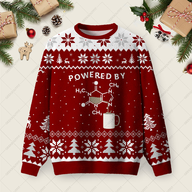 Powered By Caffeine Ugly Christmas Fuzzy Fleece Sweatshirt