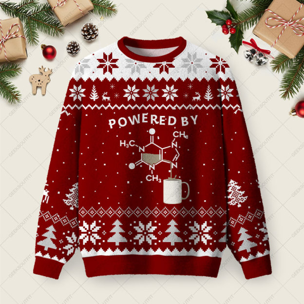 Powered By Caffeine Ugly Christmas Fuzzy Fleece Sweatshirt