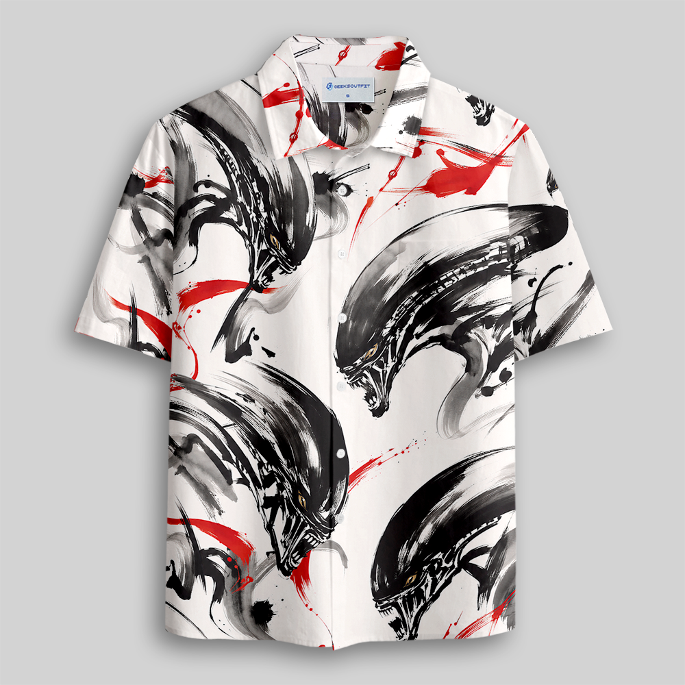 Sumi-E Ink Mythical Beast Fantasy Button Up Pocket Shirt