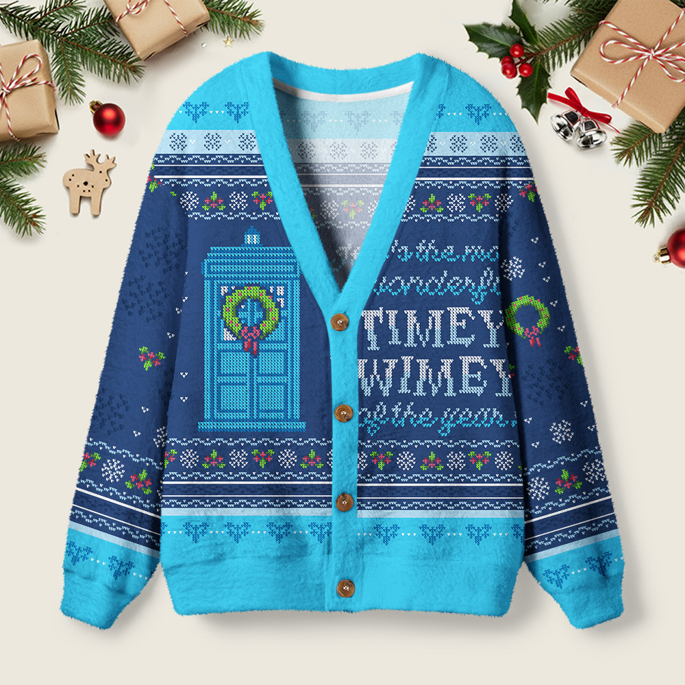 Timey Wimey Blue Geek Ugly Cardigan Sweaters