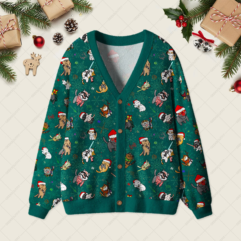 Geeksoutfit Christmas Light Sword Cat Geek Ugly Cardigan Sweaters for Sale