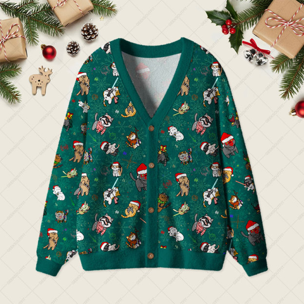 Christmas Light Sword Cat Geek Ugly Cardigan Sweaters 