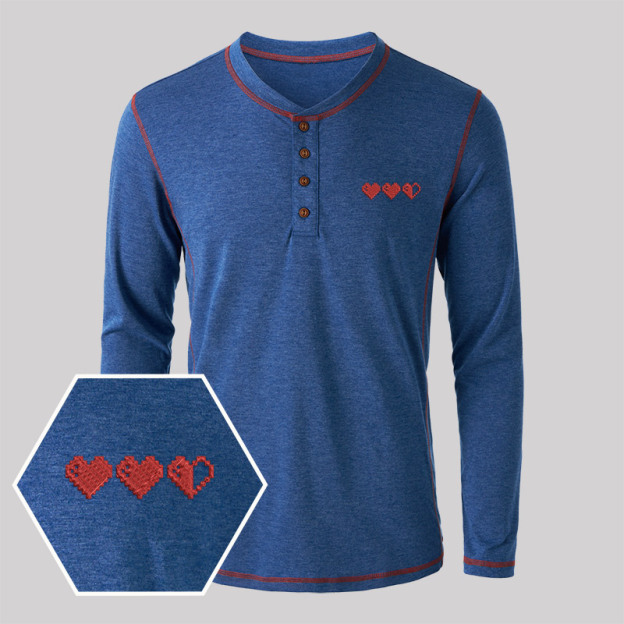 Pixel Hearts Geek Embroidered Long Sleeve Henley Shirts