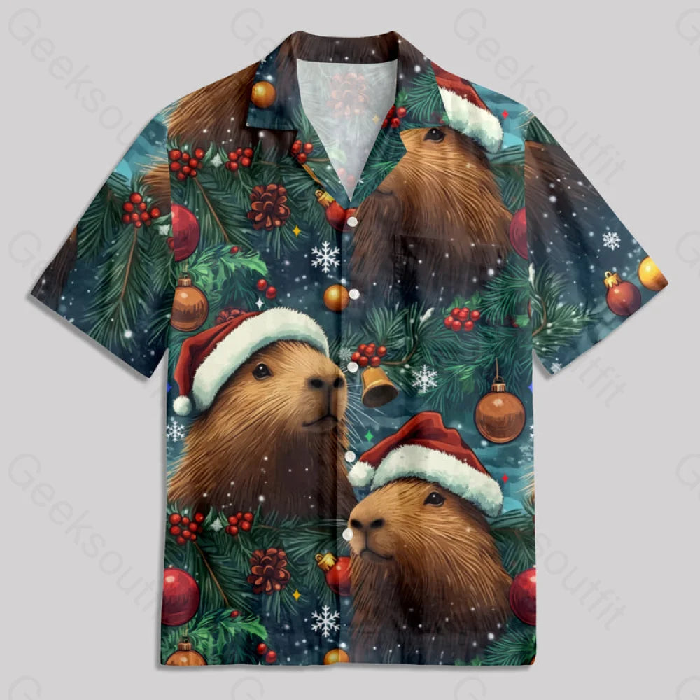 Christmas Capybara Button Up Pocket Shirt Hawaiian / S Bus667 Yc