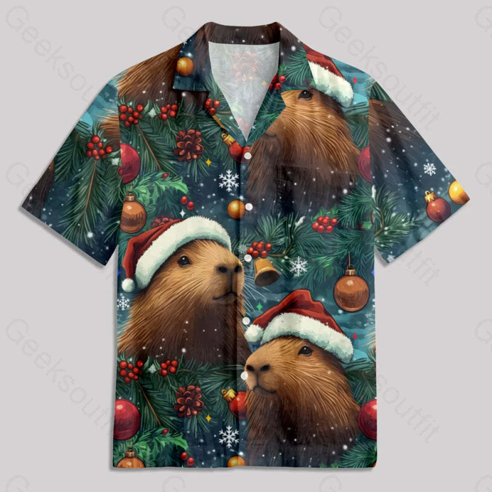 Christmas Capybara Button Up Pocket Shirt Hawaiian / S Bus667 Yc