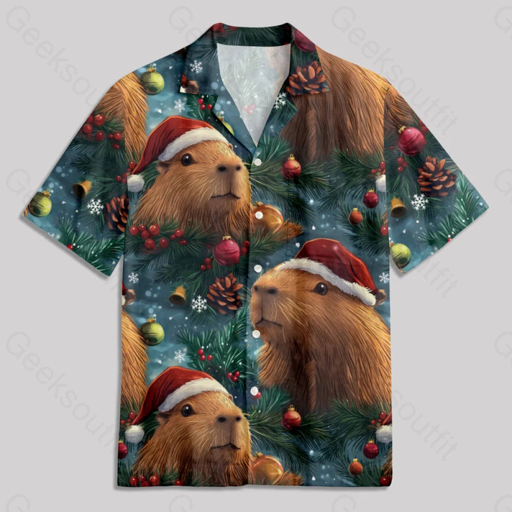 Christmas Capybara Button Up Pocket Shirt Hawaiian / S Bus668 Yc