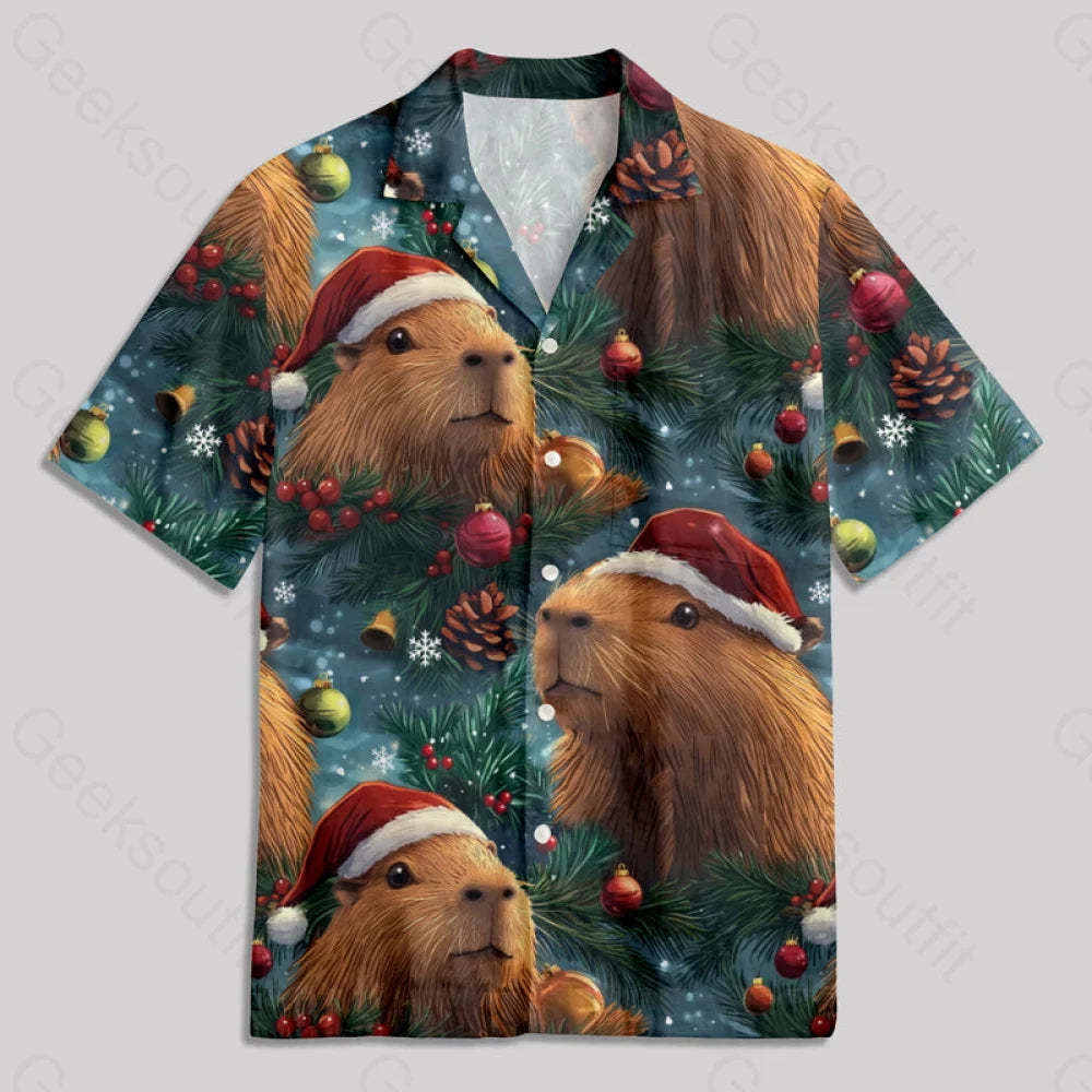 Christmas Capybara Button Up Pocket Shirt Hawaiian / S Bus668 Yc