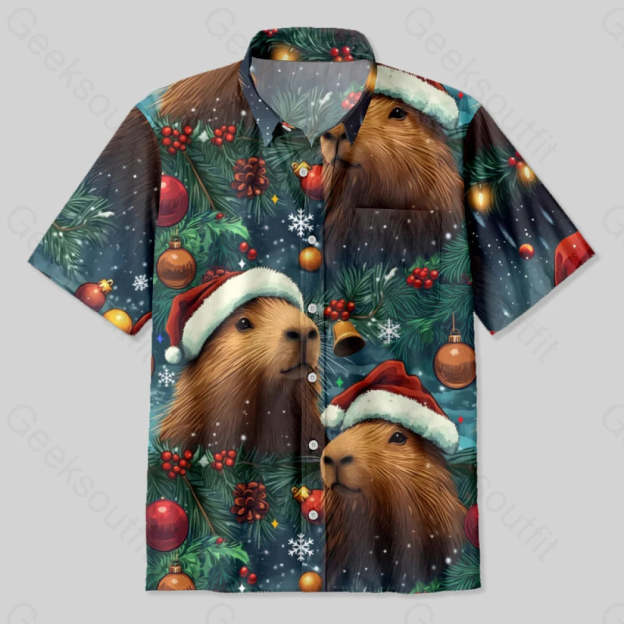 Christmas Capybara Button Up Pocket Shirt Up / S Bus667 Yc