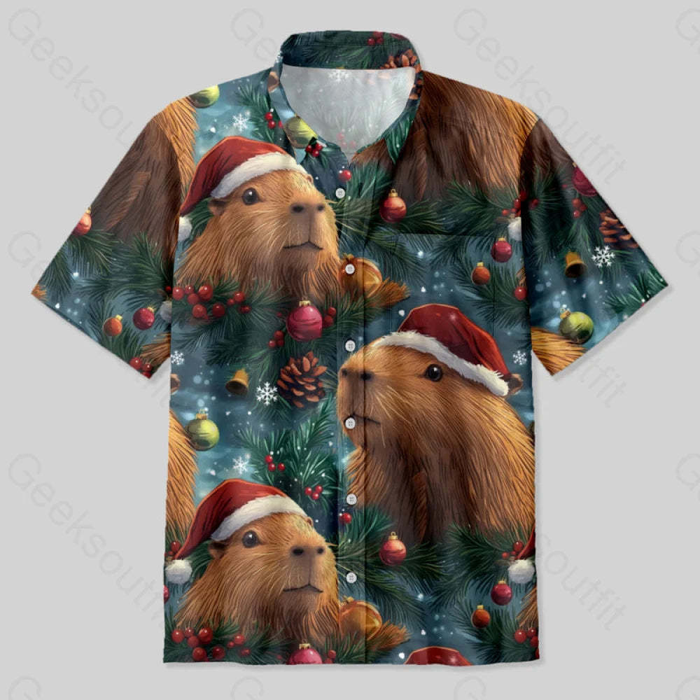 Christmas Capybara Button Up Pocket Shirt Up / S Bus668 Yc