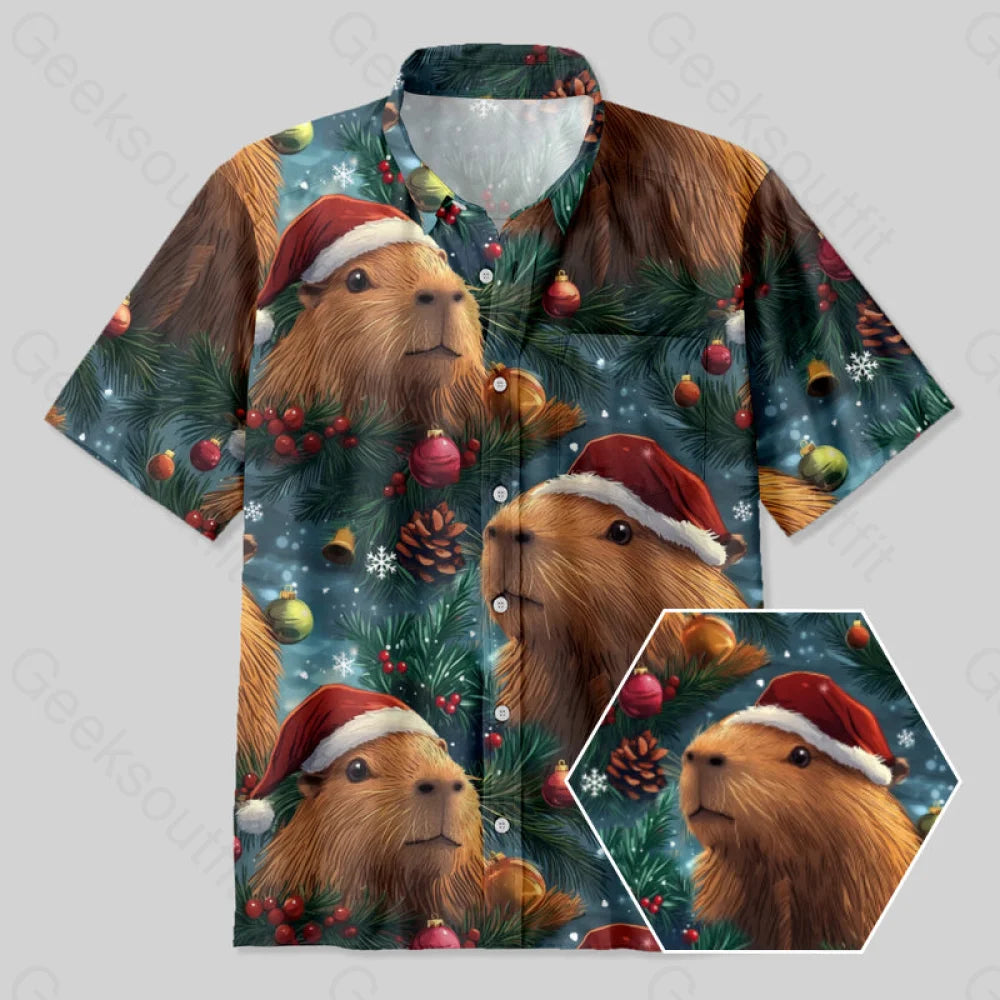 Christmas Capybara Button Up Pocket Shirt Yc