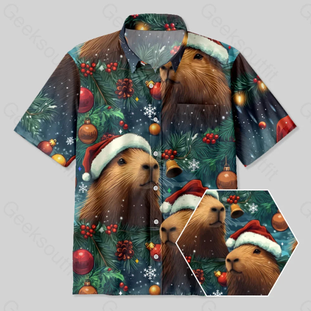 Christmas Capybara Button Up Pocket Shirt Yc
