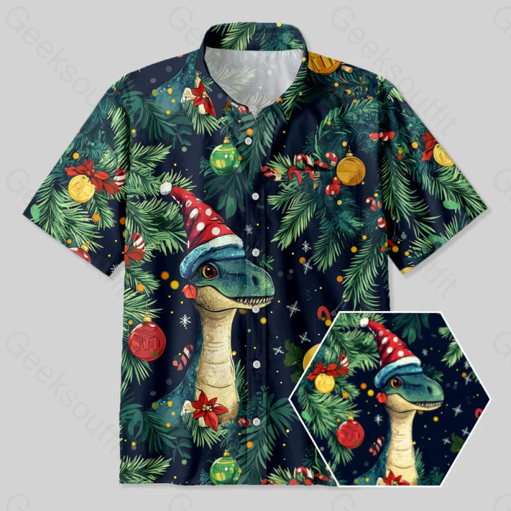 Christmas Dinosaur Button Up Pocket Shirt Yc