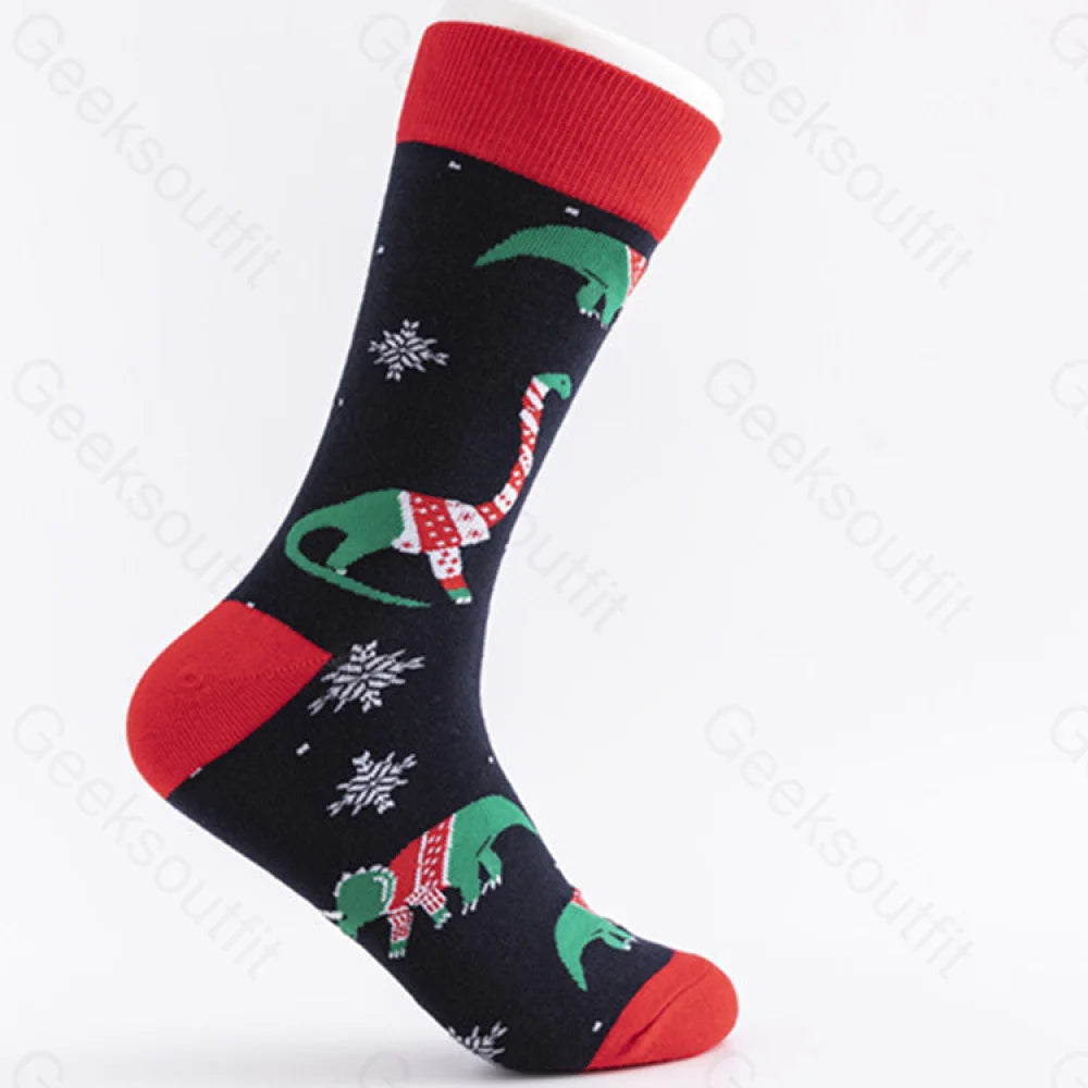 Christmas Element Casual Men’s Socks Dinosaur On Black