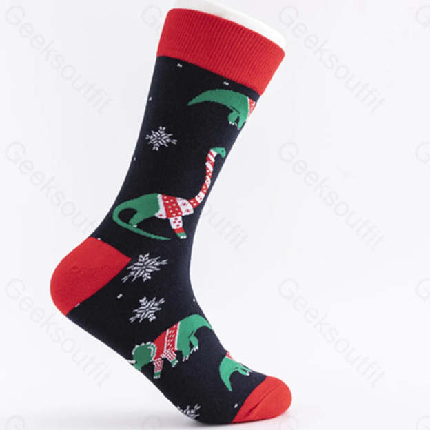 Christmas Element Casual Men’s Socks Dinosaur On Black