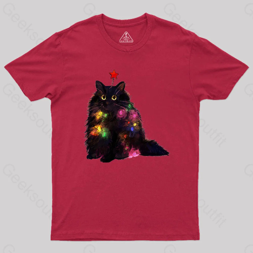 Christmas Lights Cat Geek T-Shirt Red / S