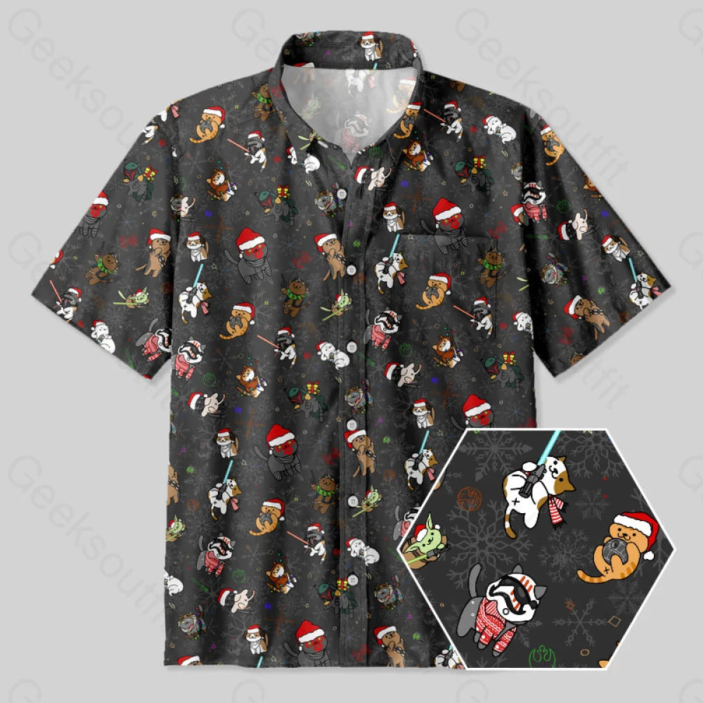 Christmas Lightsaber Cat Button Up Pocket Shirt Up / S Bus698 Yc