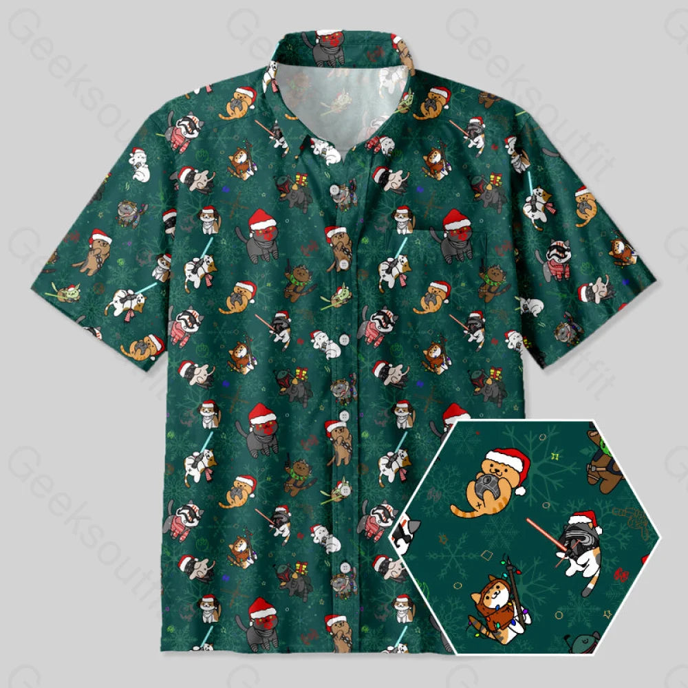 Christmas Lightsaber Cat Button Up Pocket Shirt Up / S Bus699 Yc