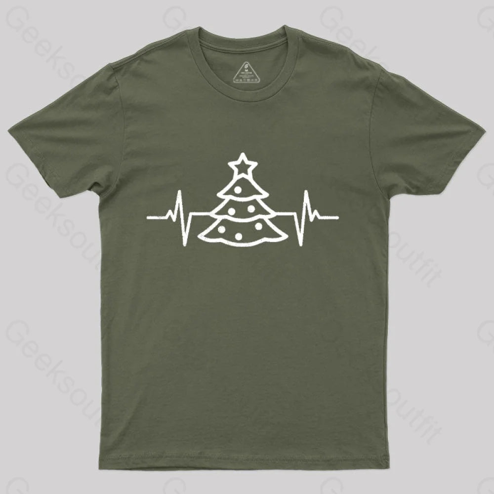 Christmas Tree Heart Beat T-Shirt Army Green / S