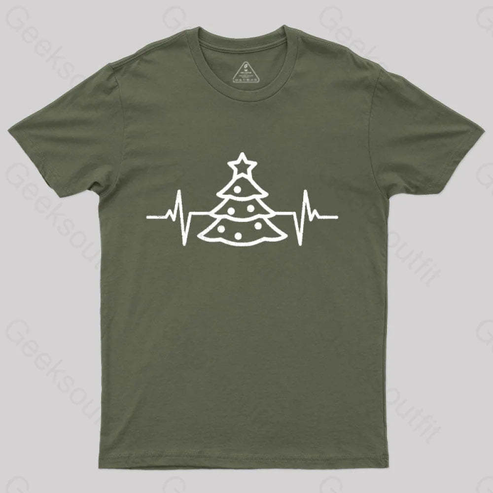Christmas Tree Heart Beat T-Shirt Army Green / S