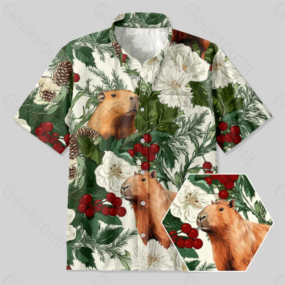 Christmas Winter Plant Capybara Button Up Pocket Shirt Yc