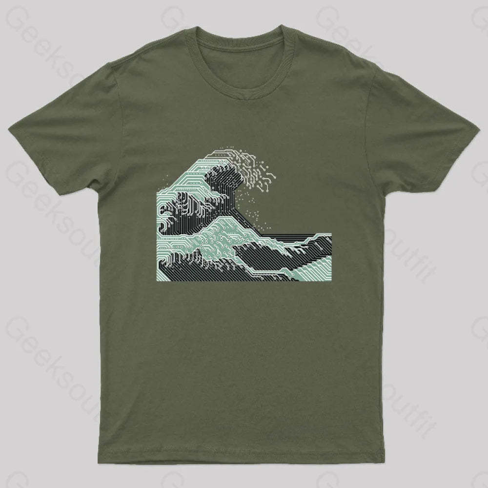 Circuitized Wave Geek T-Shirt Army Green / S
