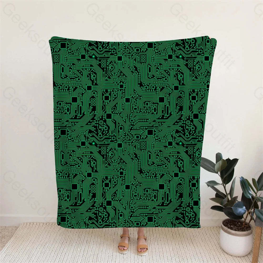 Computer Circuit Board Green Flannel Blanket
