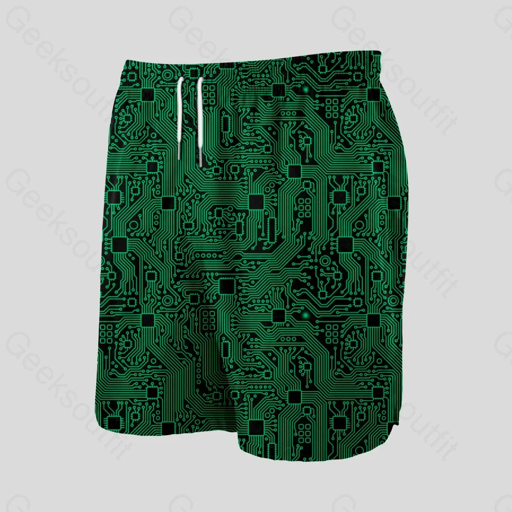 Computer Circuit Board Green Geeky Drawstring Shorts - Geeksoutfit