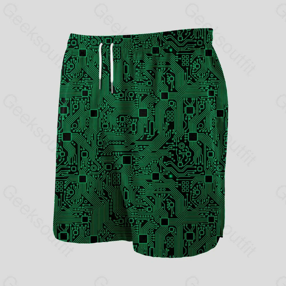 Computer Circuit Board Green Geeky Drawstring Shorts - Geeksoutfit
