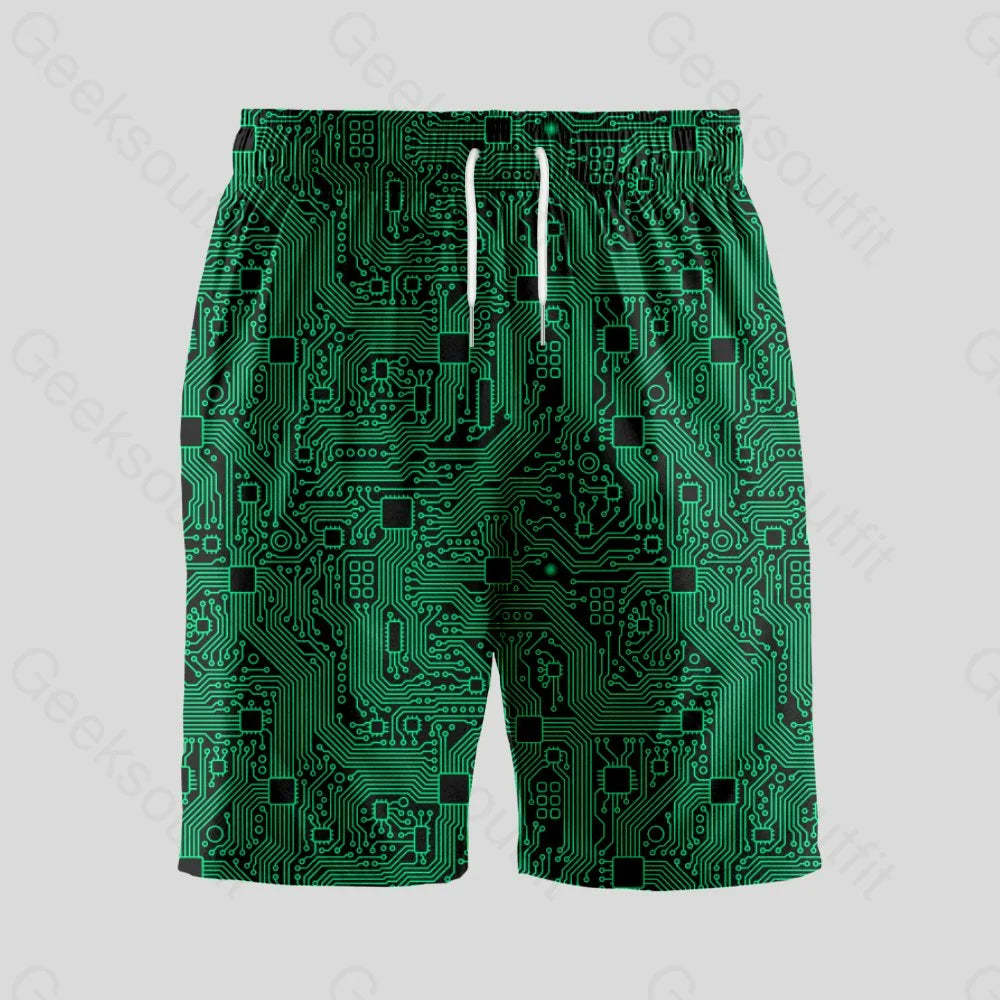 Computer Circuit Board Green Geeky Drawstring Shorts - Geeksoutfit