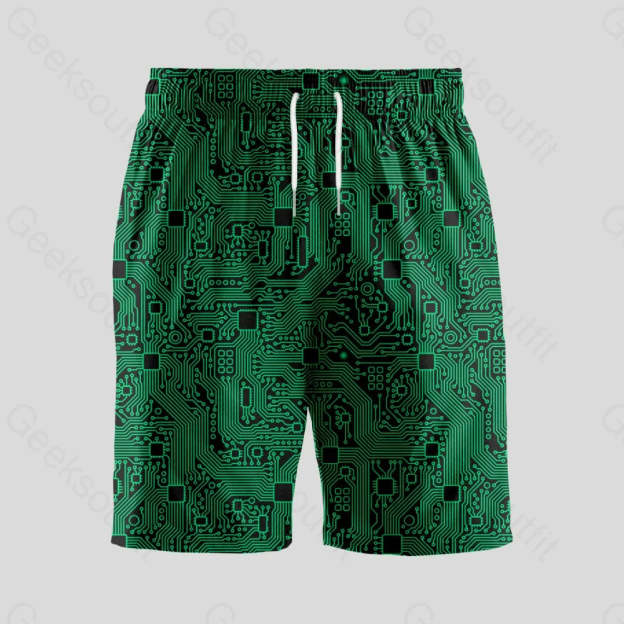 Computer Circuit Board Green Geeky Drawstring Shorts - Geeksoutfit