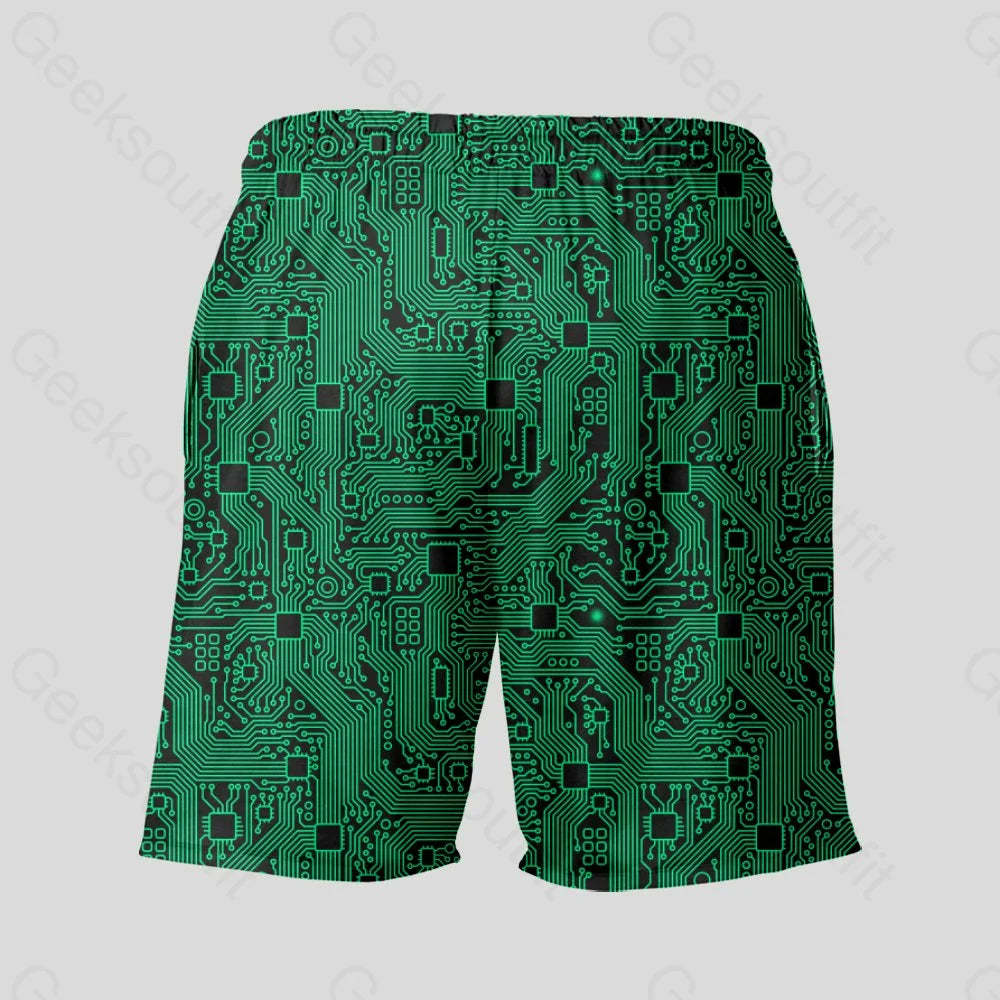 Computer Circuit Board Green Geeky Drawstring Shorts - Geeksoutfit