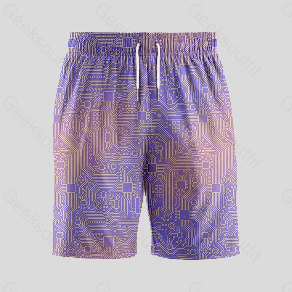Computer Circuit Board Purple Geeky Drawstring Shorts - Geeksoutfit
